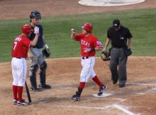 Ian Kinsler crosses home plate after hitting a home run for the Texas Rangers against the Tampa Bay Rays in the 2010 ALDS. Photo by George Walker